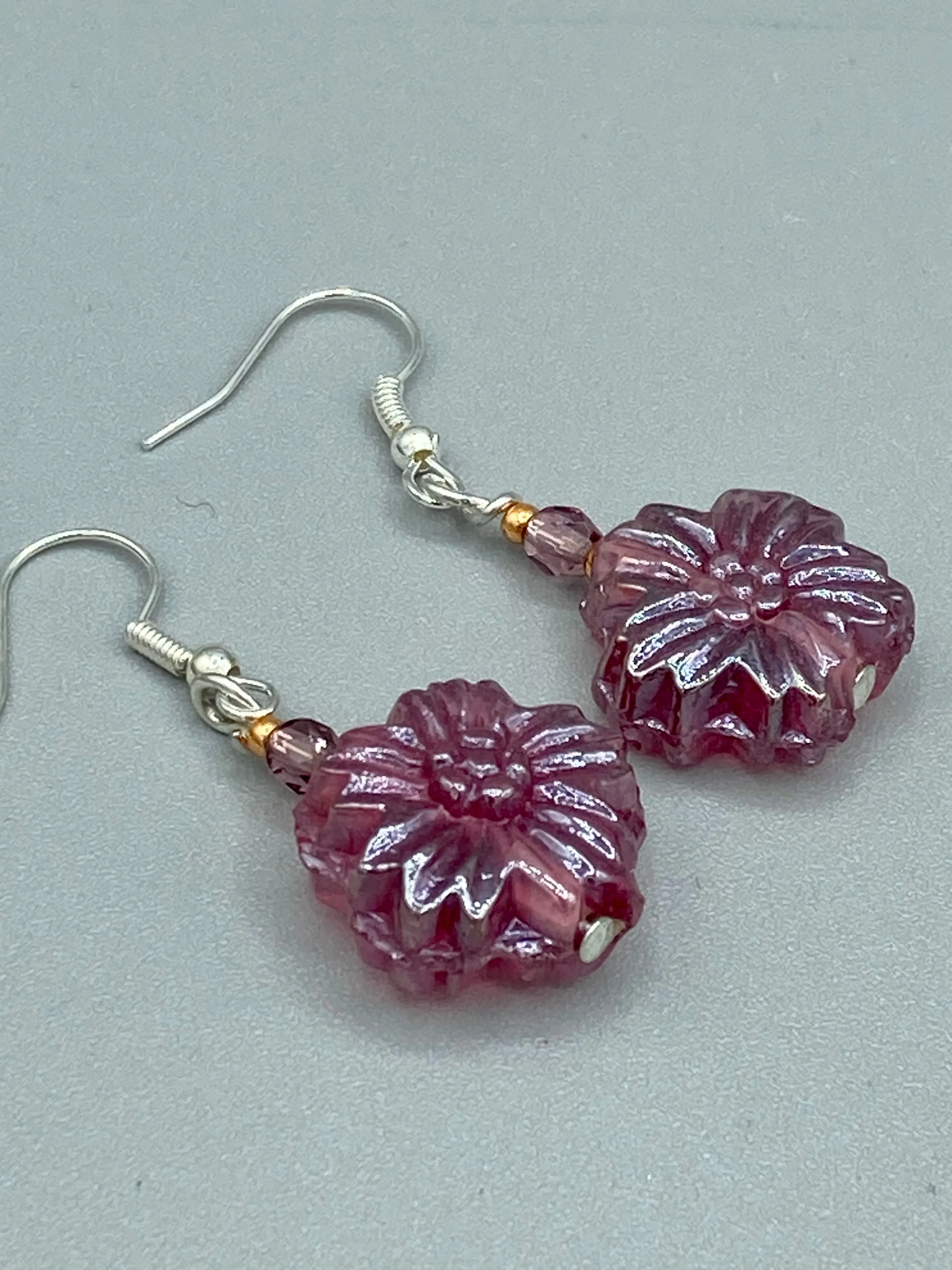 Light Purple Pink Floral Pressed Glass Beaded Earrings, Hippie Vibe, Shabby Chic, Boho Chic, Nature Inspired, Bohemian