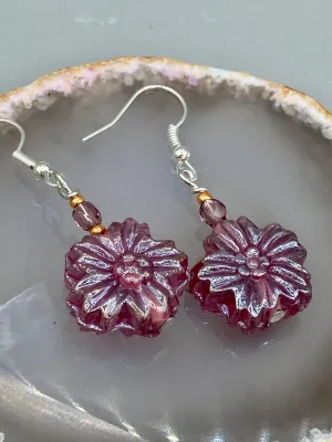 Light Purple Pink Floral Pressed Glass Beaded Earrings, Hippie Vibe, Shabby Chic, Boho Chic, Nature Inspired, Bohemian