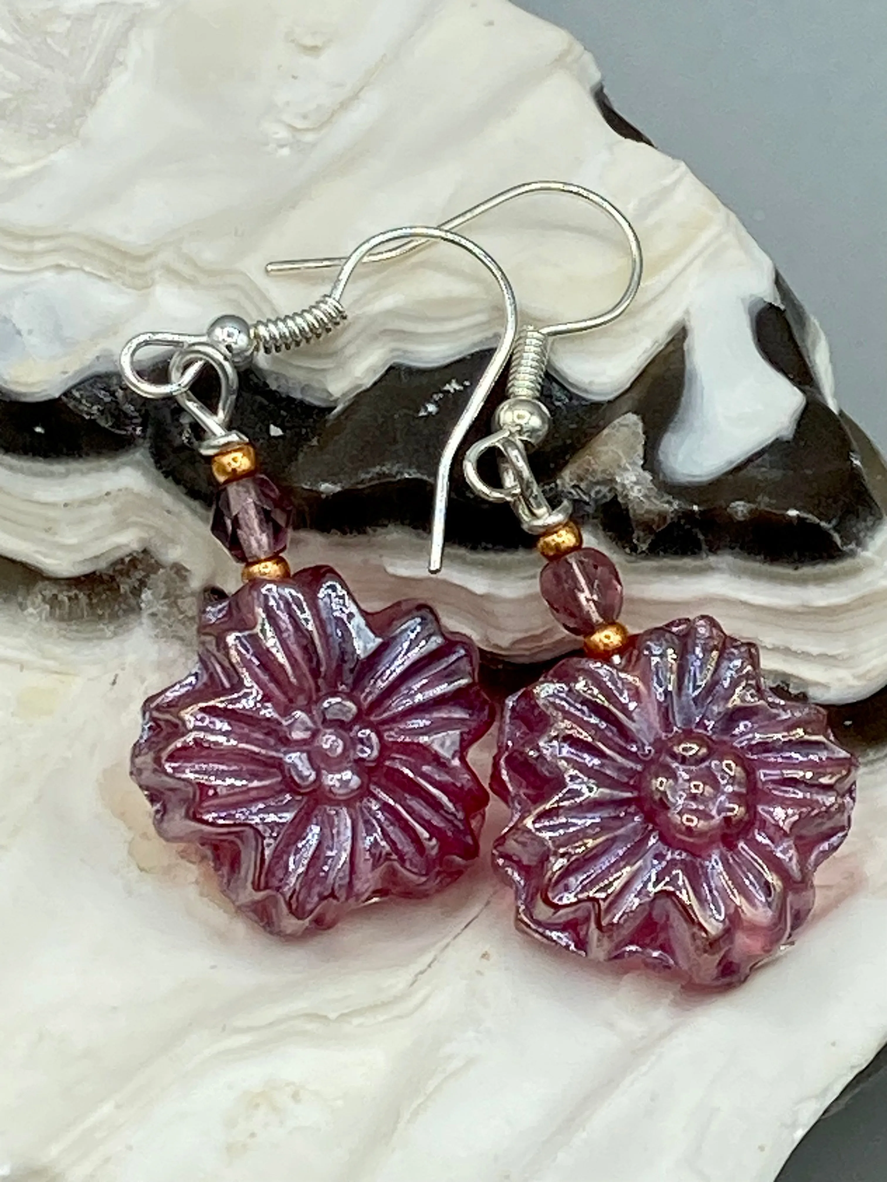 Light Purple Pink Floral Pressed Glass Beaded Earrings, Hippie Vibe, Shabby Chic, Boho Chic, Nature Inspired, Bohemian