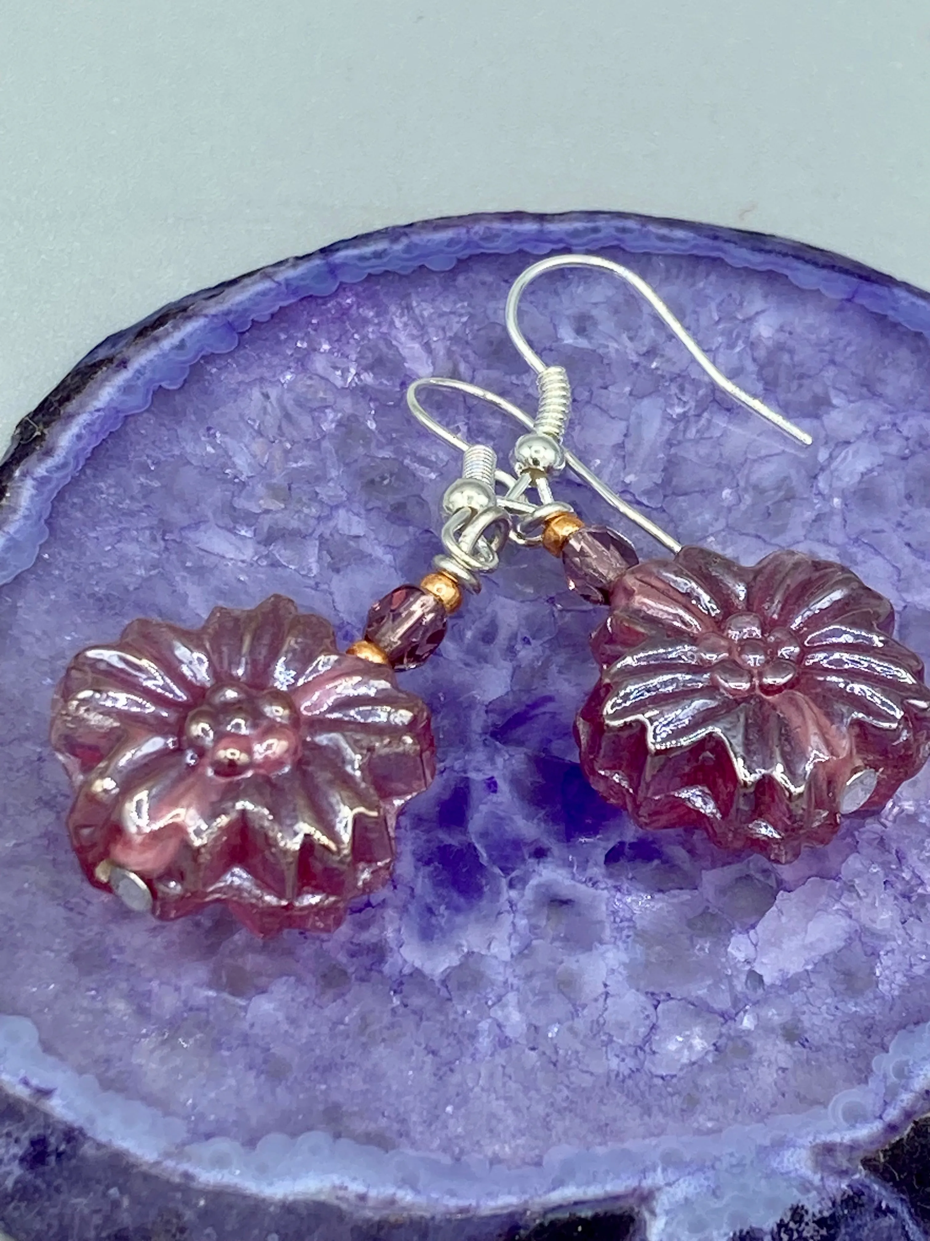 Light Purple Pink Floral Pressed Glass Beaded Earrings, Hippie Vibe, Shabby Chic, Boho Chic, Nature Inspired, Bohemian