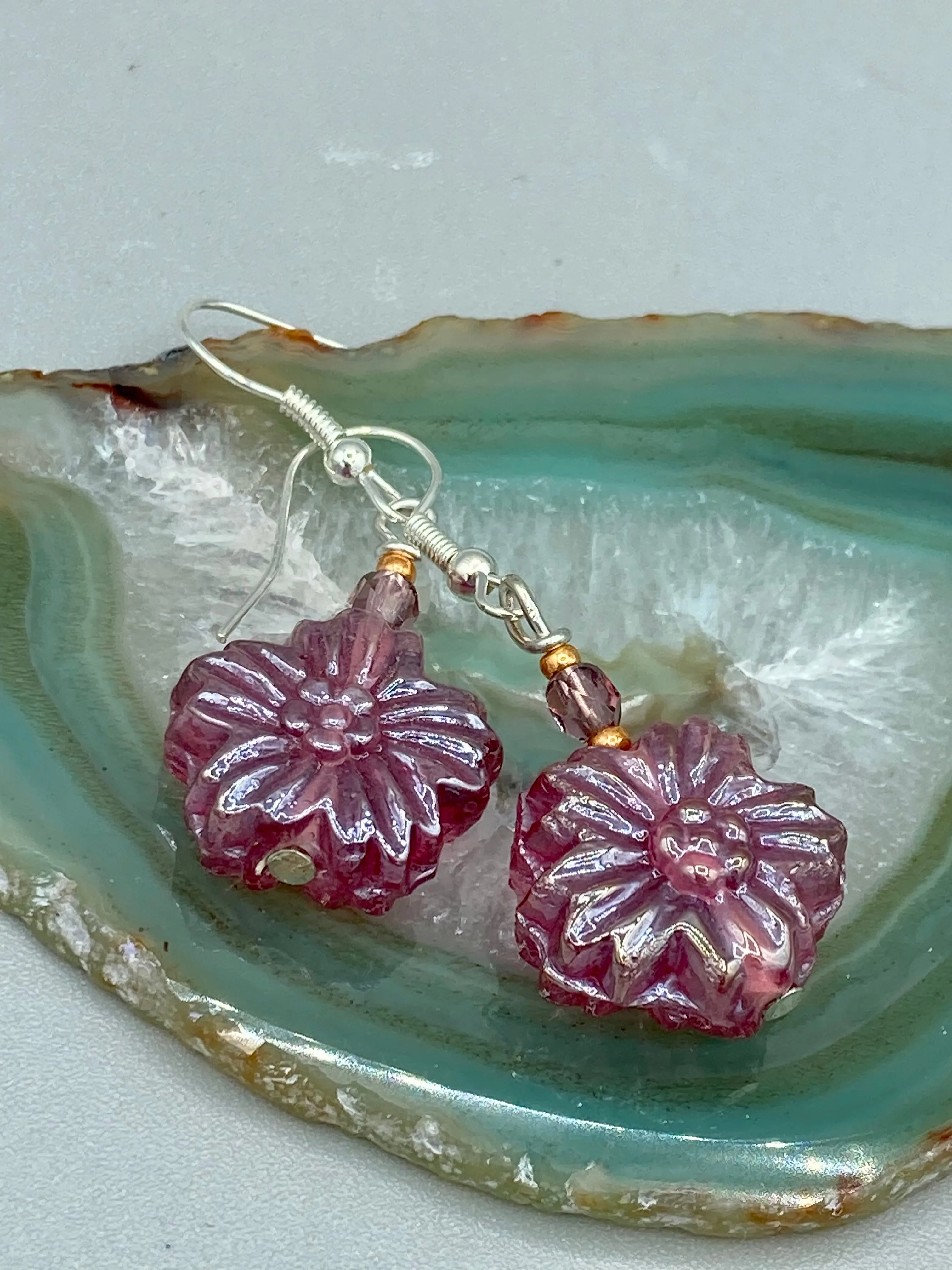Light Purple Pink Floral Pressed Glass Beaded Earrings, Hippie Vibe, Shabby Chic, Boho Chic, Nature Inspired, Bohemian