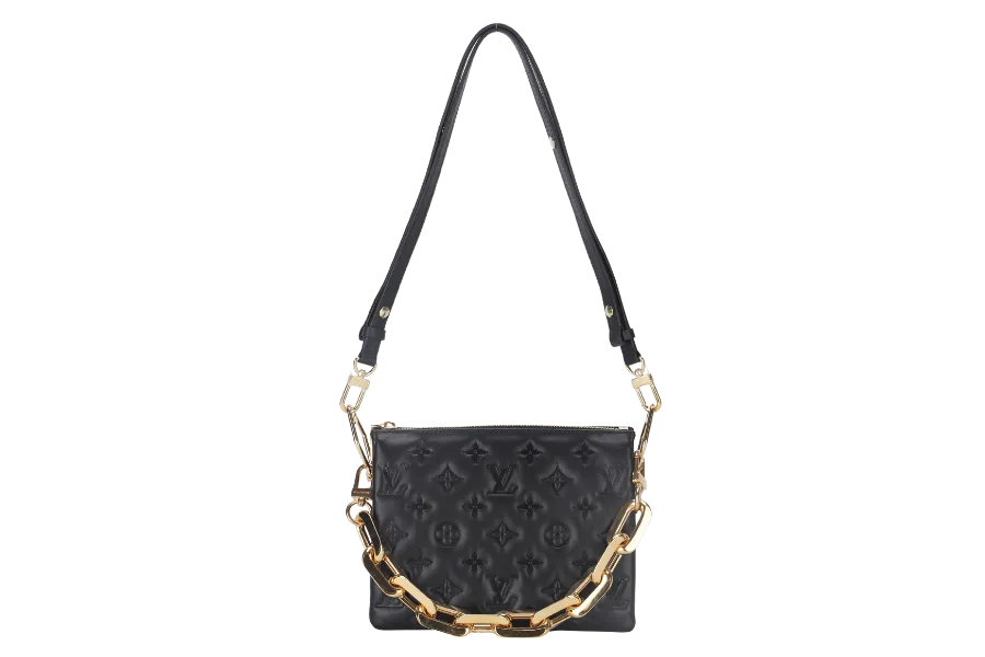 LOUIS VUITTON COUSSIN BB NOIR MONOGRAM EMBOSSED PUFFY LAMBSKIN (M21259) GOLD HARDWARE WITH CHAIN, STRAP, DUST COVER AND BOX