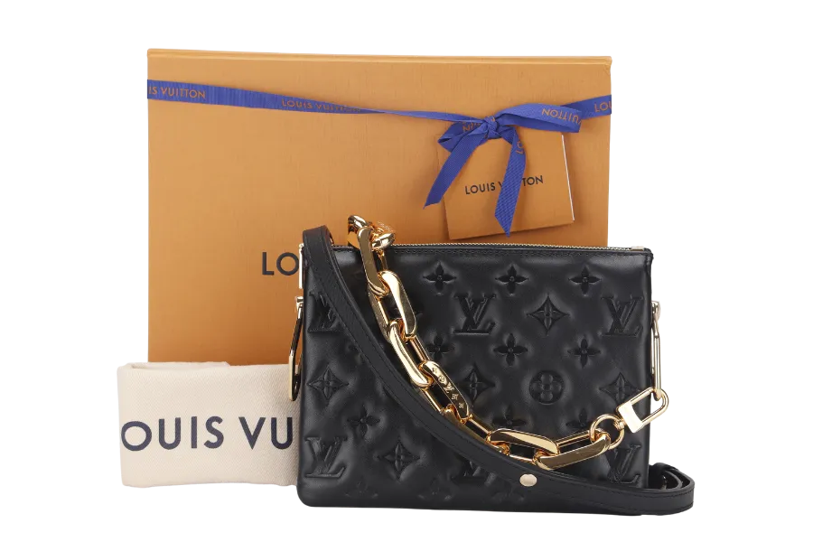 LOUIS VUITTON COUSSIN BB NOIR MONOGRAM EMBOSSED PUFFY LAMBSKIN (M21259) GOLD HARDWARE WITH CHAIN, STRAP, DUST COVER AND BOX