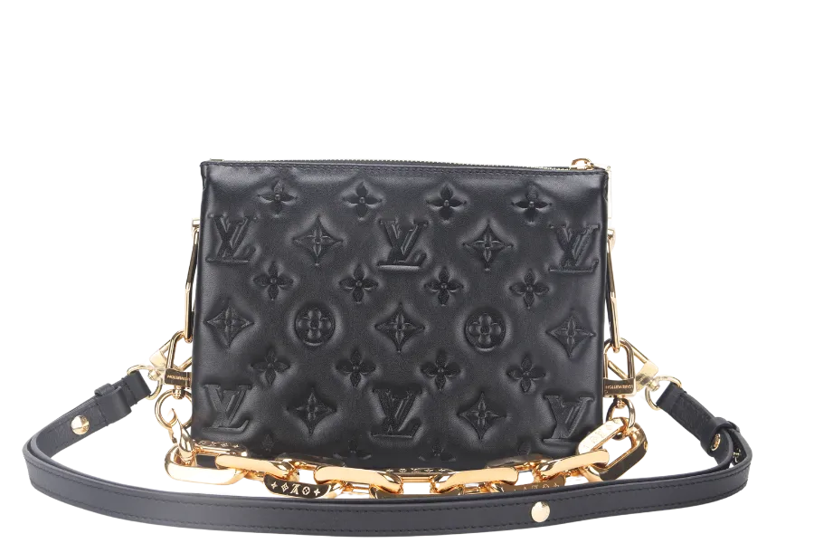 LOUIS VUITTON COUSSIN BB NOIR MONOGRAM EMBOSSED PUFFY LAMBSKIN (M21259) GOLD HARDWARE WITH CHAIN, STRAP, DUST COVER AND BOX