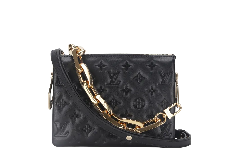 LOUIS VUITTON COUSSIN BB NOIR MONOGRAM EMBOSSED PUFFY LAMBSKIN (M21259) GOLD HARDWARE WITH CHAIN, STRAP, DUST COVER AND BOX