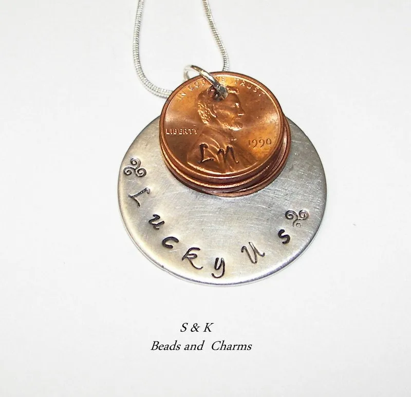 Lucky Us personalized penny necklace ,  Custom hand stamped  penny jewelry for mom , mothers jewelry handstamped jewelry