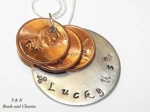 Lucky Us personalized penny necklace ,  Custom hand stamped  penny jewelry for mom , mothers jewelry handstamped jewelry