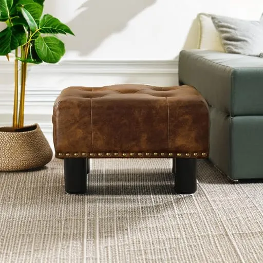LUE BONA Yellowish Brown Rivet Faux Leather Ottoman with Plastic Legs & Non Slip Pads, 9''H