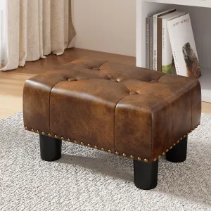 LUE BONA Yellowish Brown Rivet Faux Leather Ottoman with Plastic Legs & Non Slip Pads, 9''H