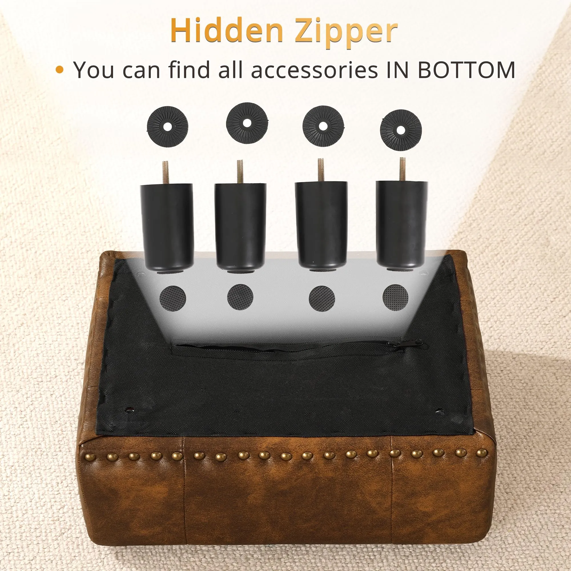 LUE BONA Yellowish Brown Rivet Faux Leather Ottoman with Plastic Legs & Non Slip Pads, 9''H