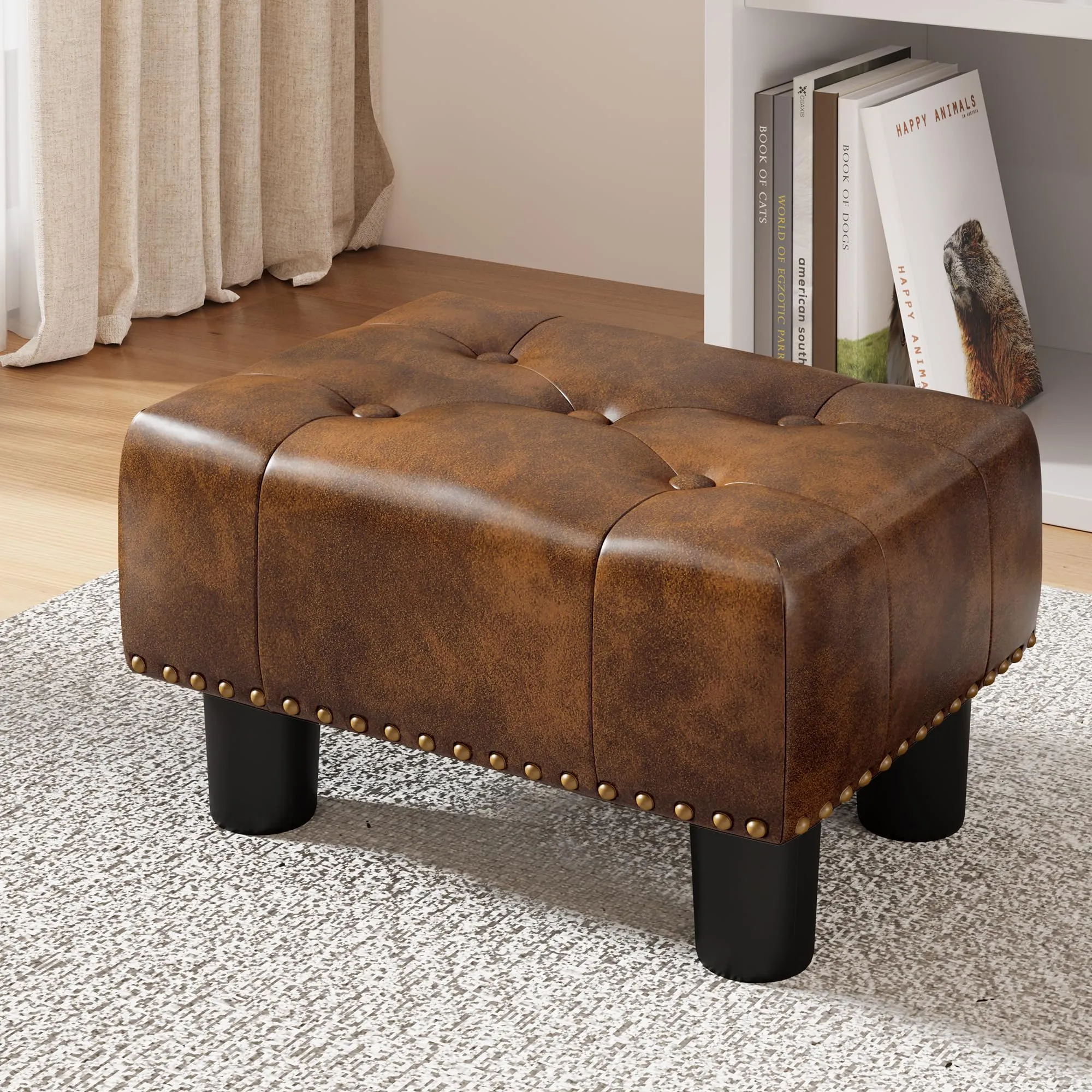 LUE BONA Yellowish Brown Rivet Faux Leather Ottoman with Plastic Legs & Non Slip Pads, 9''H