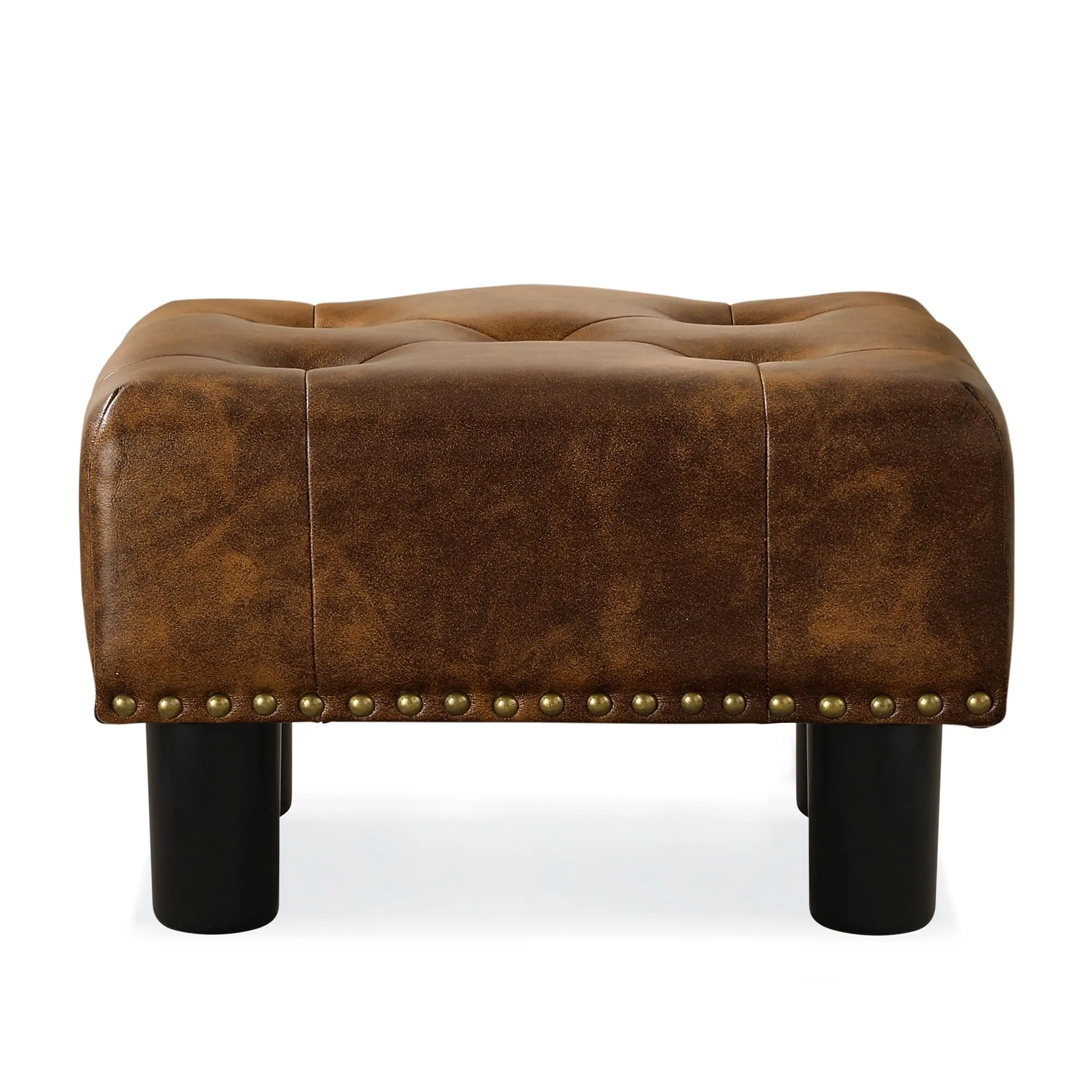 LUE BONA Yellowish Brown Rivet Faux Leather Ottoman with Plastic Legs & Non Slip Pads, 9''H