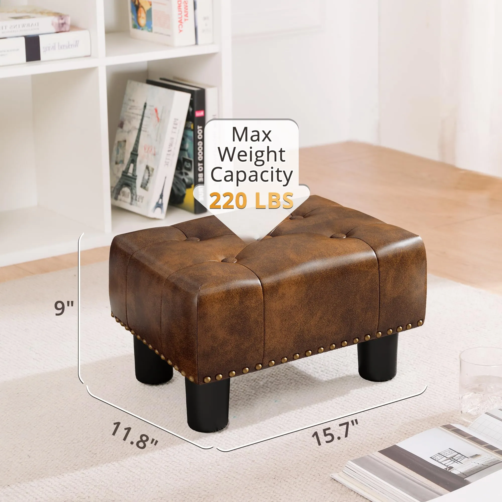 LUE BONA Yellowish Brown Rivet Faux Leather Ottoman with Plastic Legs & Non Slip Pads, 9''H