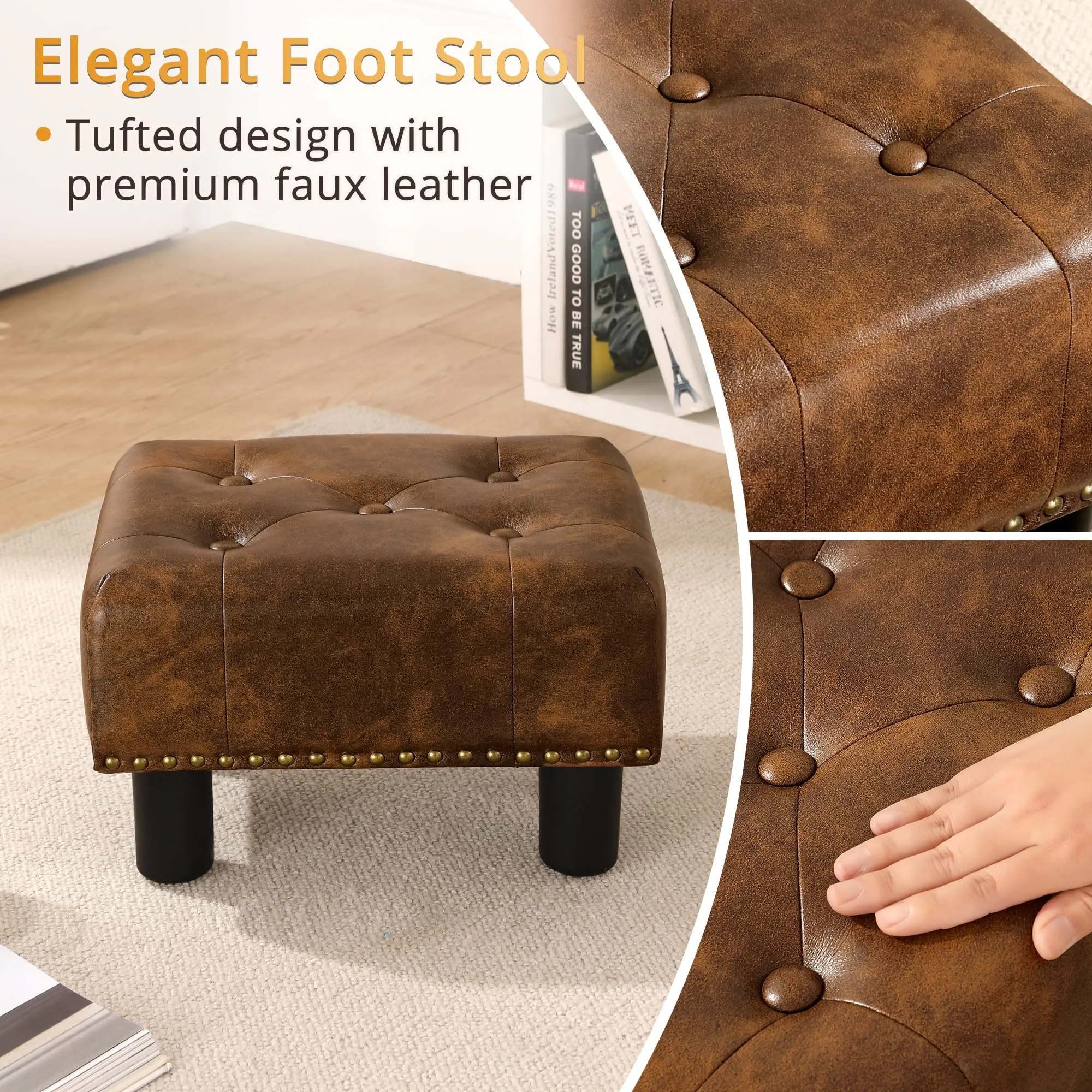 LUE BONA Yellowish Brown Rivet Faux Leather Ottoman with Plastic Legs & Non Slip Pads, 9''H