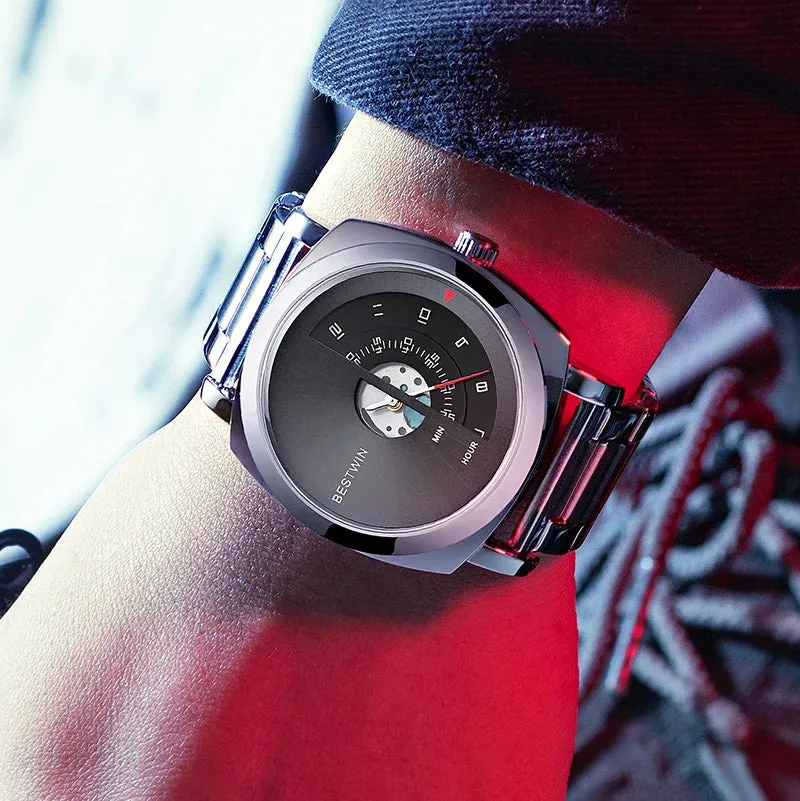 Luxury Men Watch Creative Turntable Numbers Display Concept Gold Dial Men's Quartz Wristwatch Casual Watches Business Man Clock