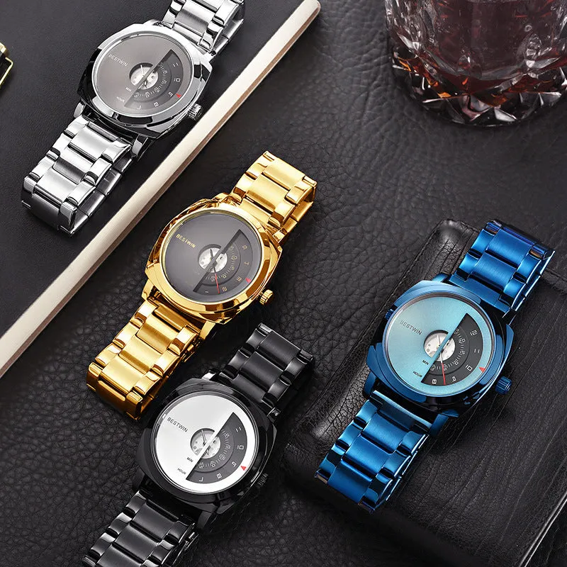 Luxury Men Watch Creative Turntable Numbers Display Concept Gold Dial Men's Quartz Wristwatch Casual Watches Business Man Clock