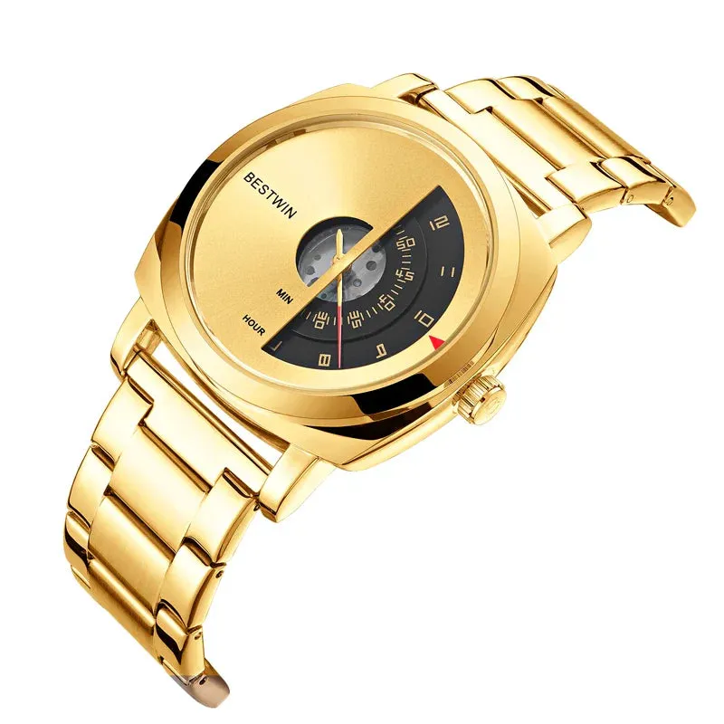 Luxury Men Watch Creative Turntable Numbers Display Concept Gold Dial Men's Quartz Wristwatch Casual Watches Business Man Clock