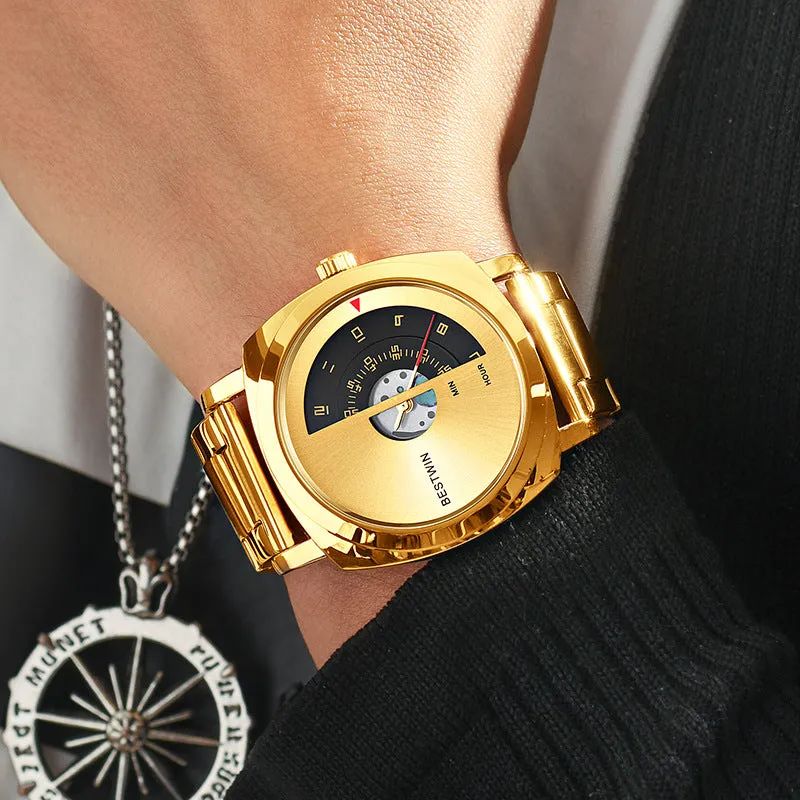 Luxury Men Watch Creative Turntable Numbers Display Concept Gold Dial Men's Quartz Wristwatch Casual Watches Business Man Clock