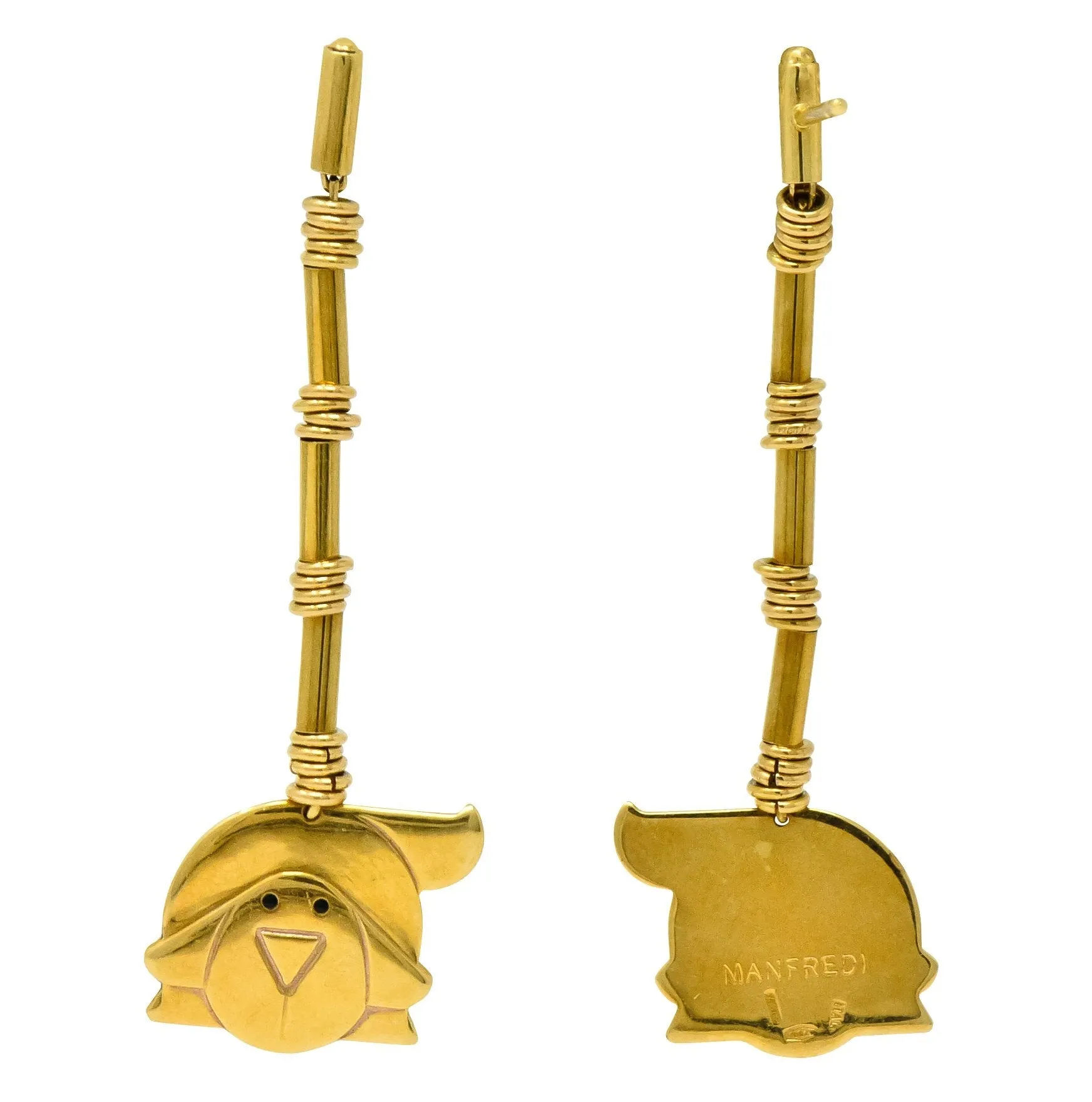 Manfredi Vintage Italian Enamel 18 Karat Gold Dog Long Drop Earrings