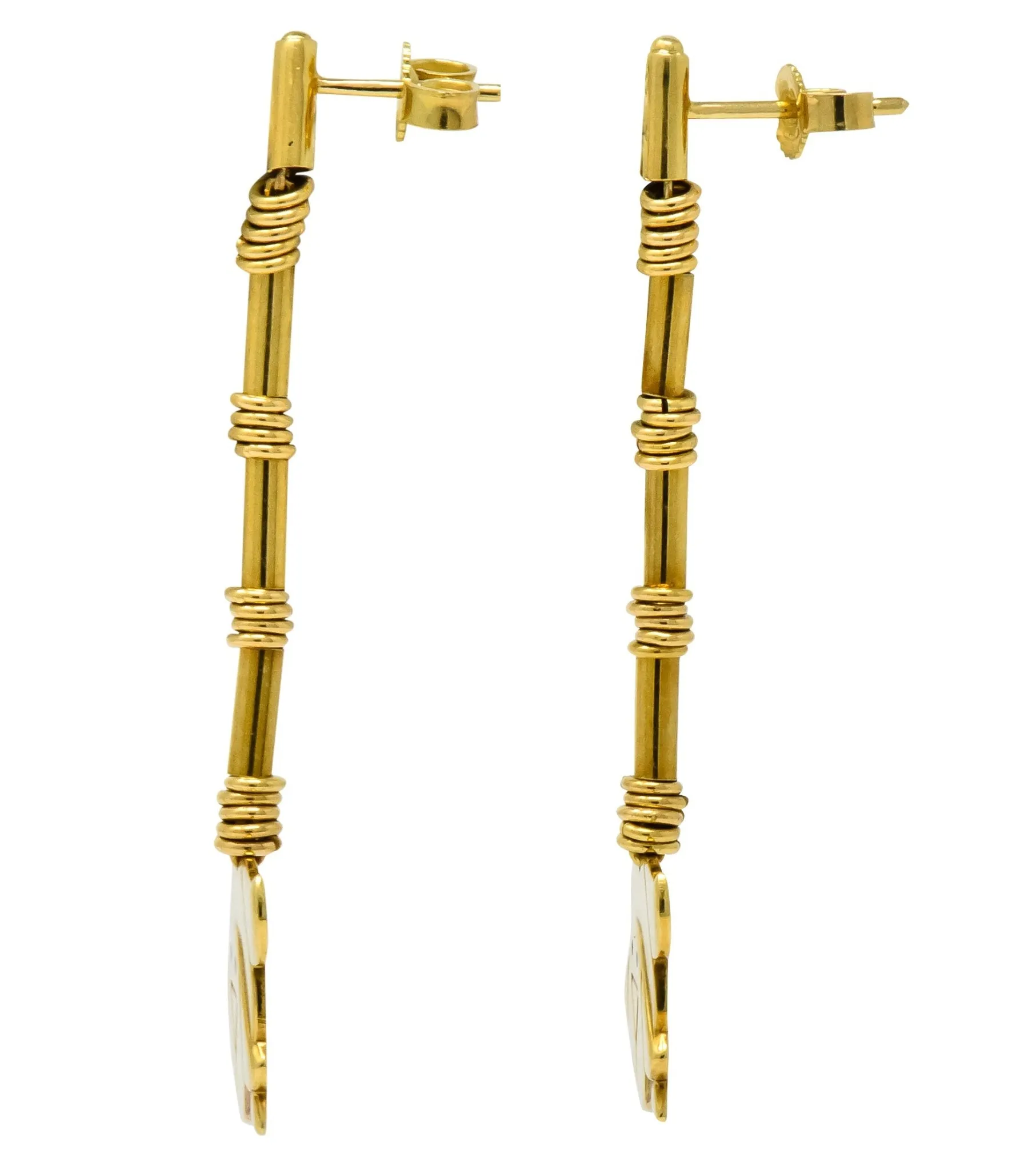 Manfredi Vintage Italian Enamel 18 Karat Gold Dog Long Drop Earrings