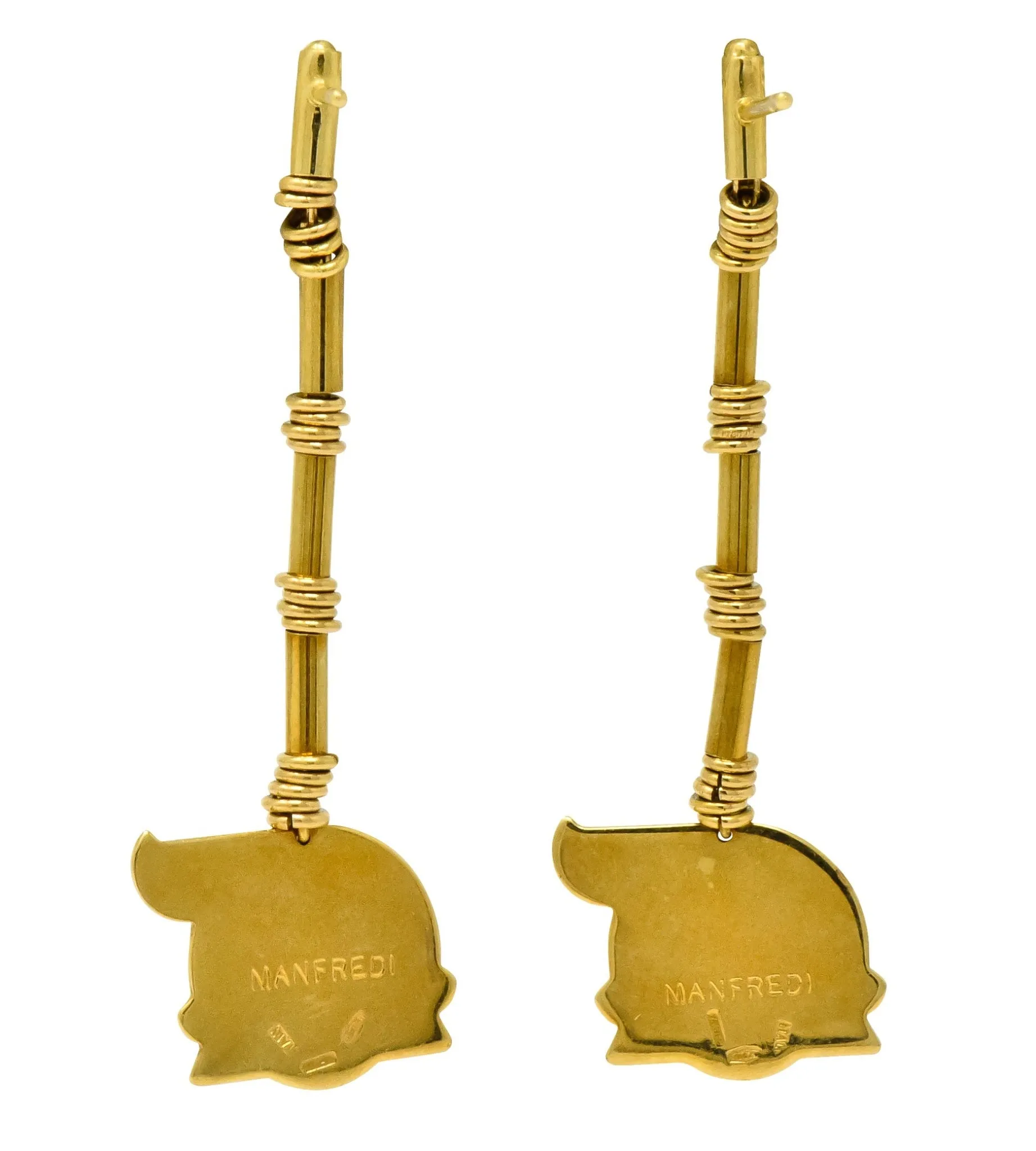 Manfredi Vintage Italian Enamel 18 Karat Gold Dog Long Drop Earrings