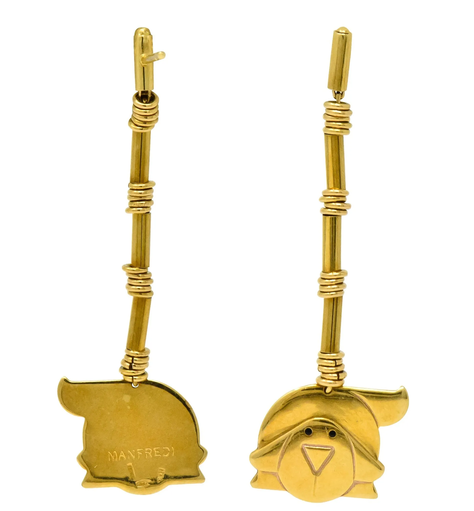 Manfredi Vintage Italian Enamel 18 Karat Gold Dog Long Drop Earrings