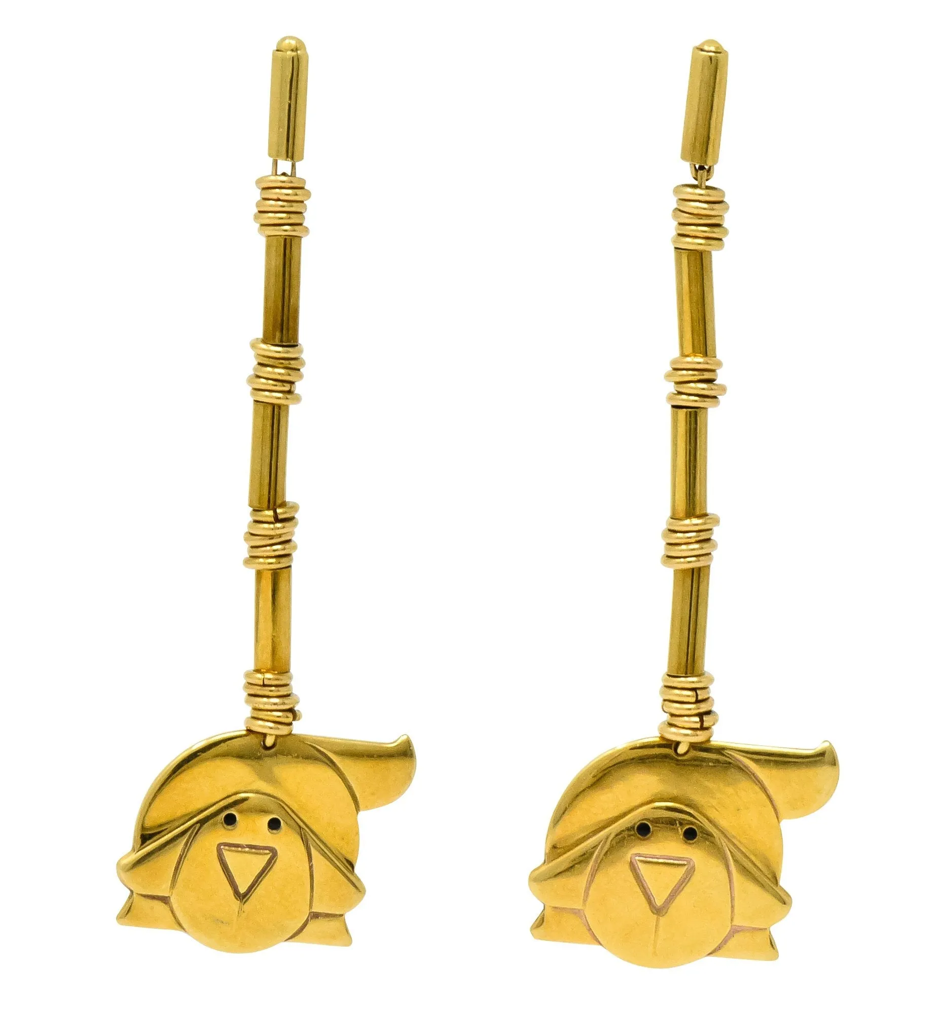 Manfredi Vintage Italian Enamel 18 Karat Gold Dog Long Drop Earrings
