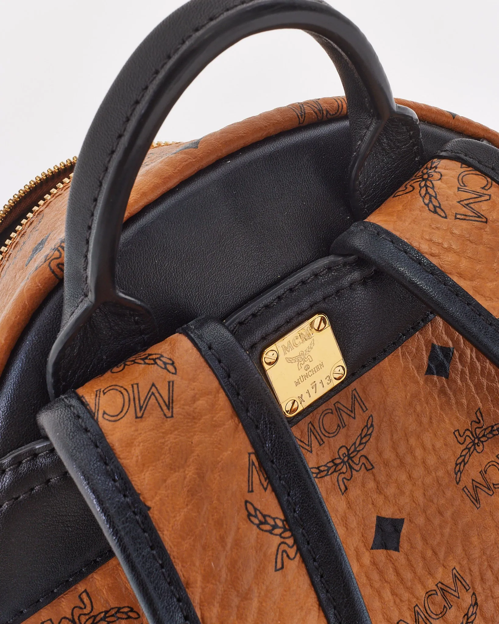 MCM Tan Leather Logo Visetos Small Backpack