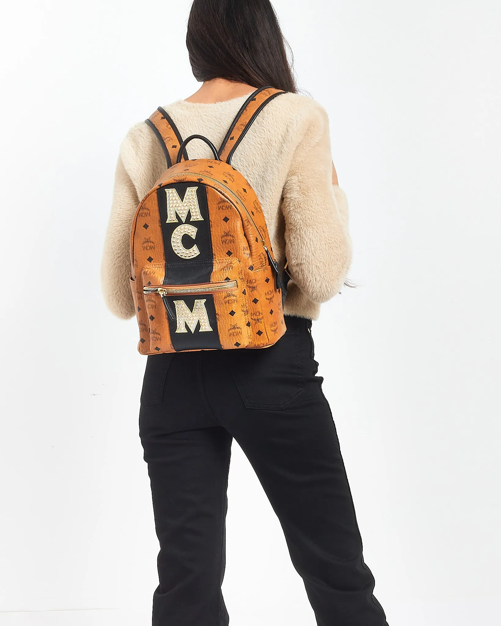 MCM Tan Leather Logo Visetos Small Backpack