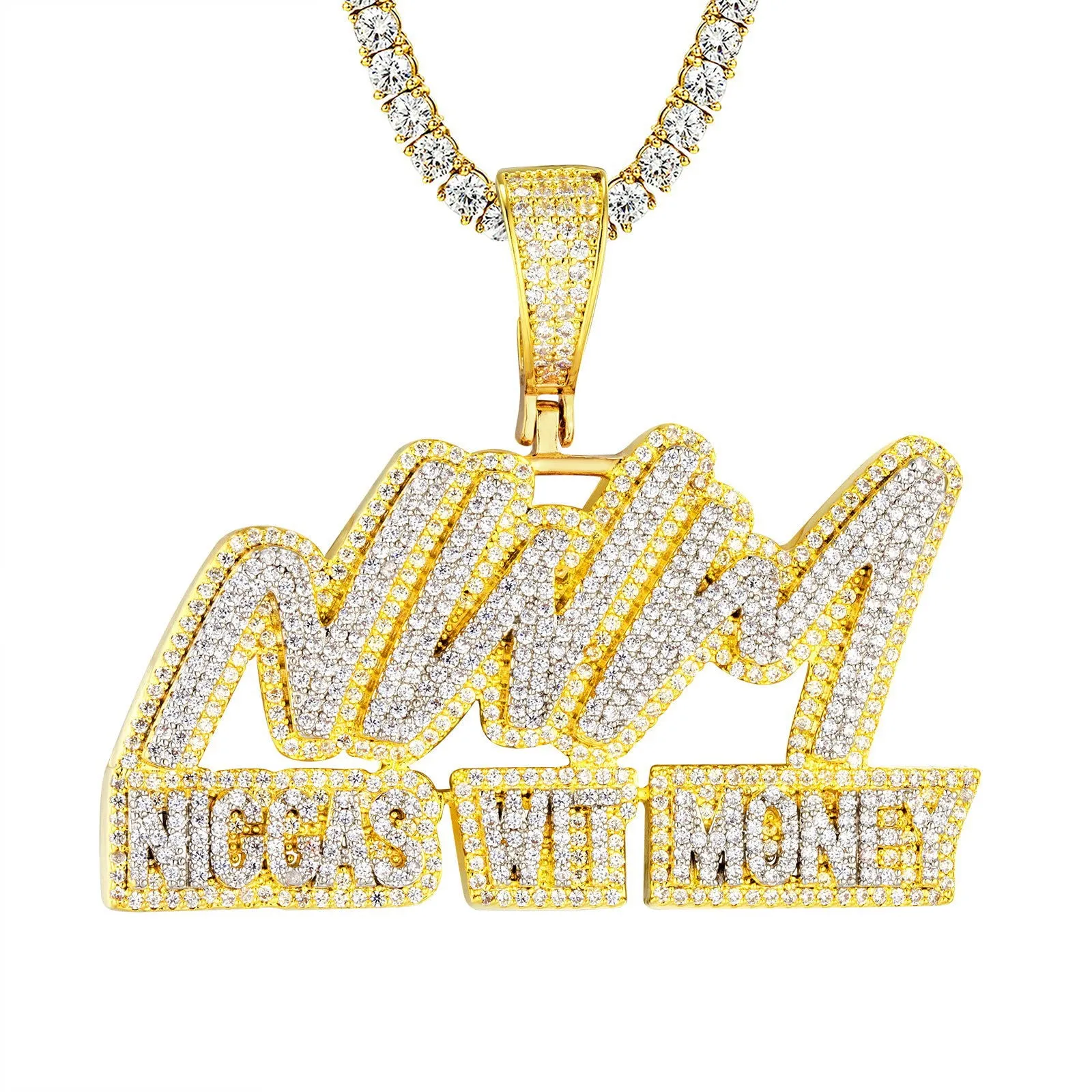 Mens Money Double Layer Hip Hop Icy Street Custom Pendant 14k Gold Tone