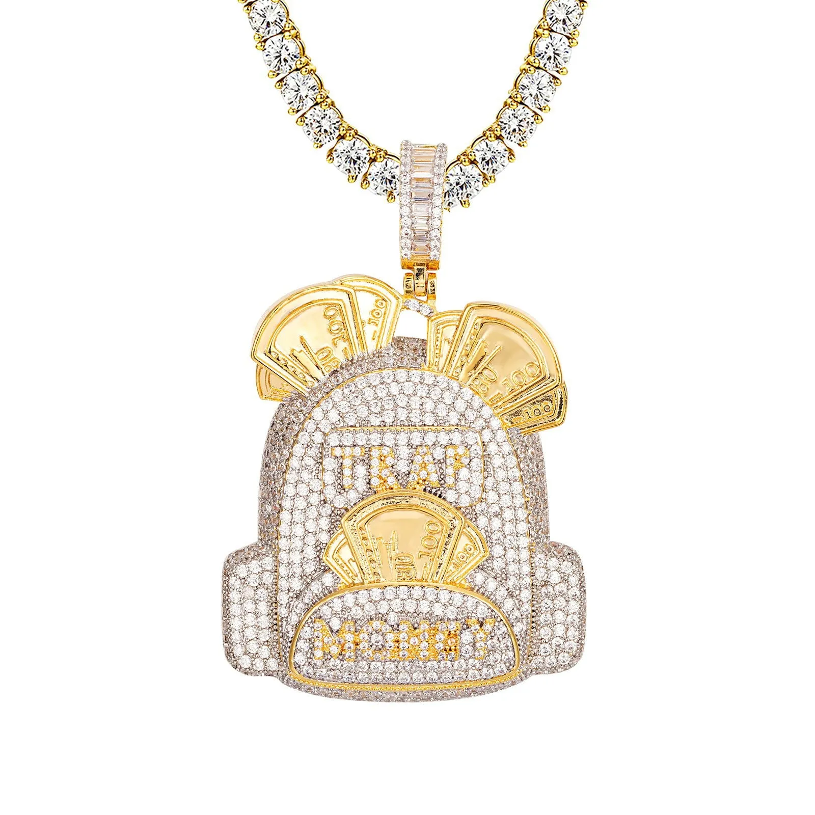 Mens Trap Money Duffle Bag Yellow Tone Icy Silver Pendant