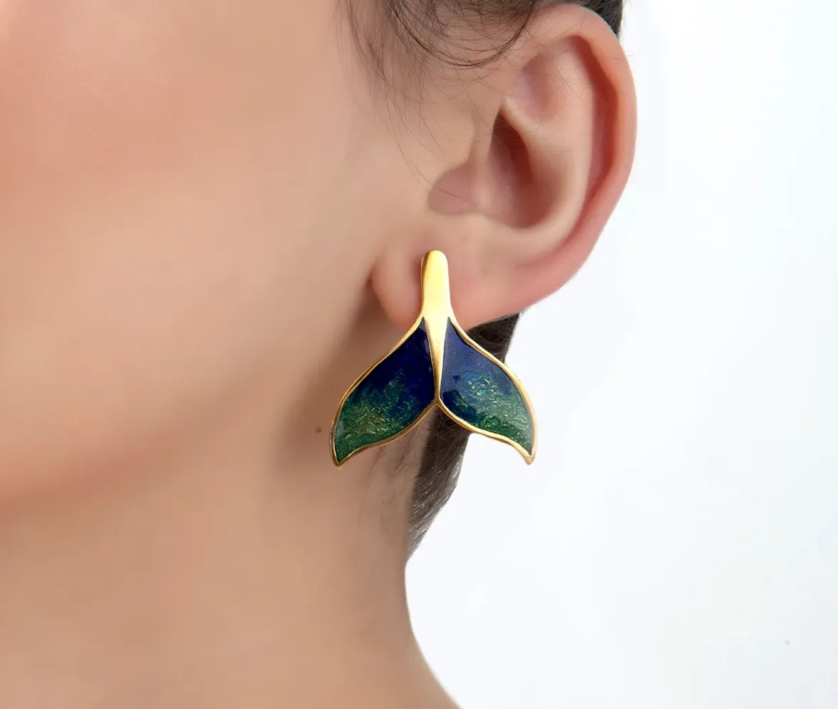Milou Green & Navy Blue Whale Tail Earrings