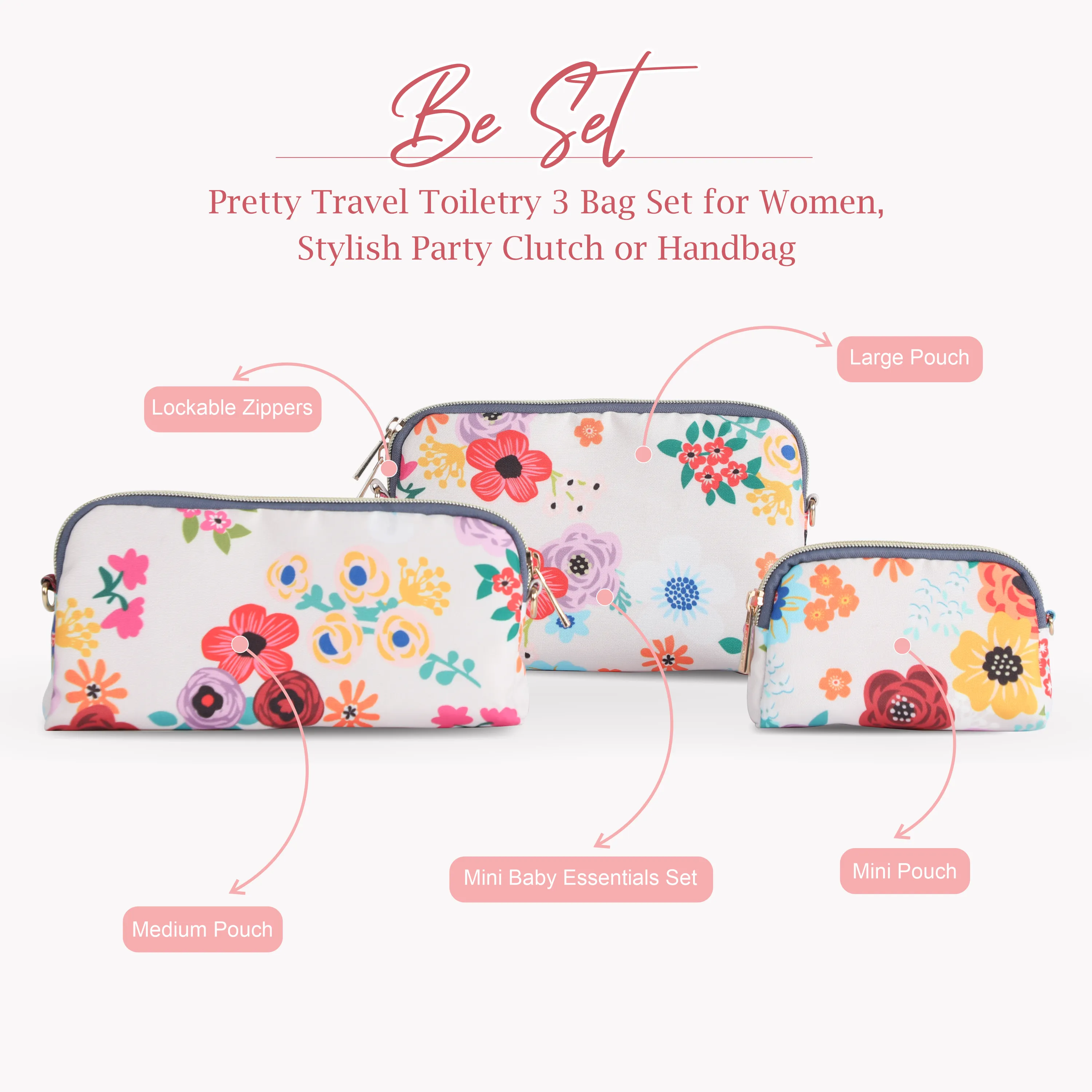 Motherly Diaper Organization Pouches, Pretty Travel Toiletry Bag Set for Women, Stylish Party Clutch or Handbag