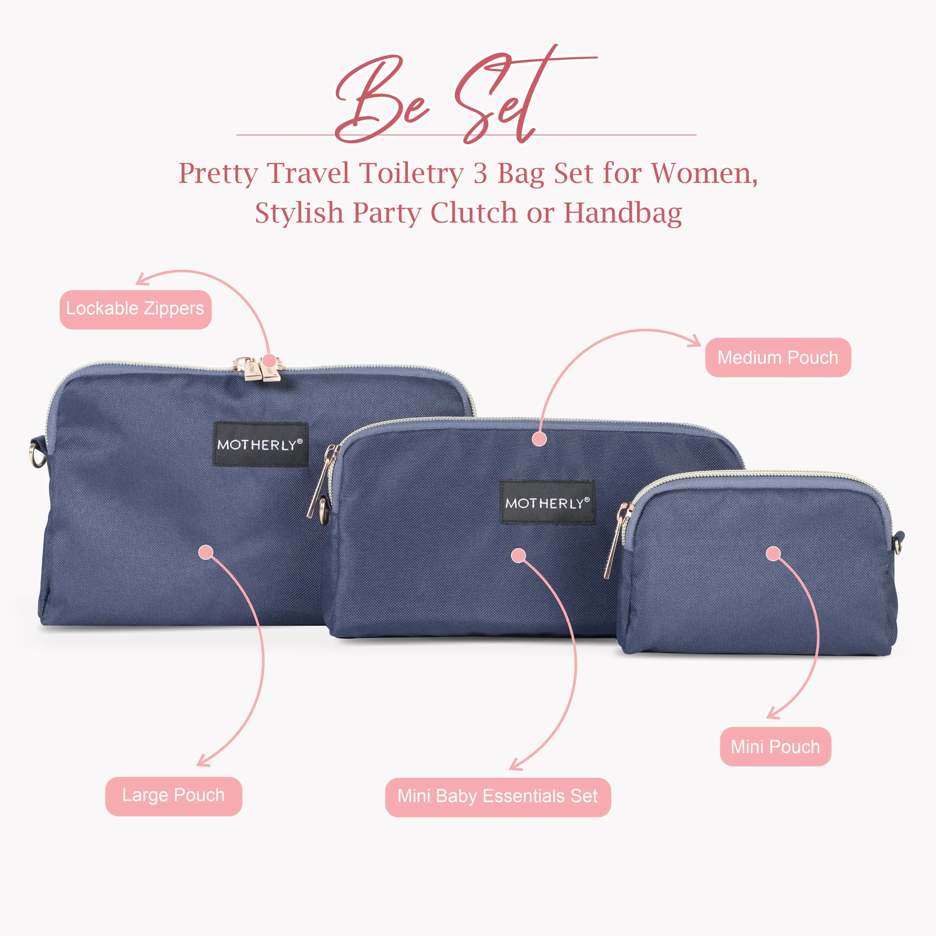 Motherly Diaper Organization Pouches, Pretty Travel Toiletry Bag Set for Women, Stylish Party Clutch or Handbag