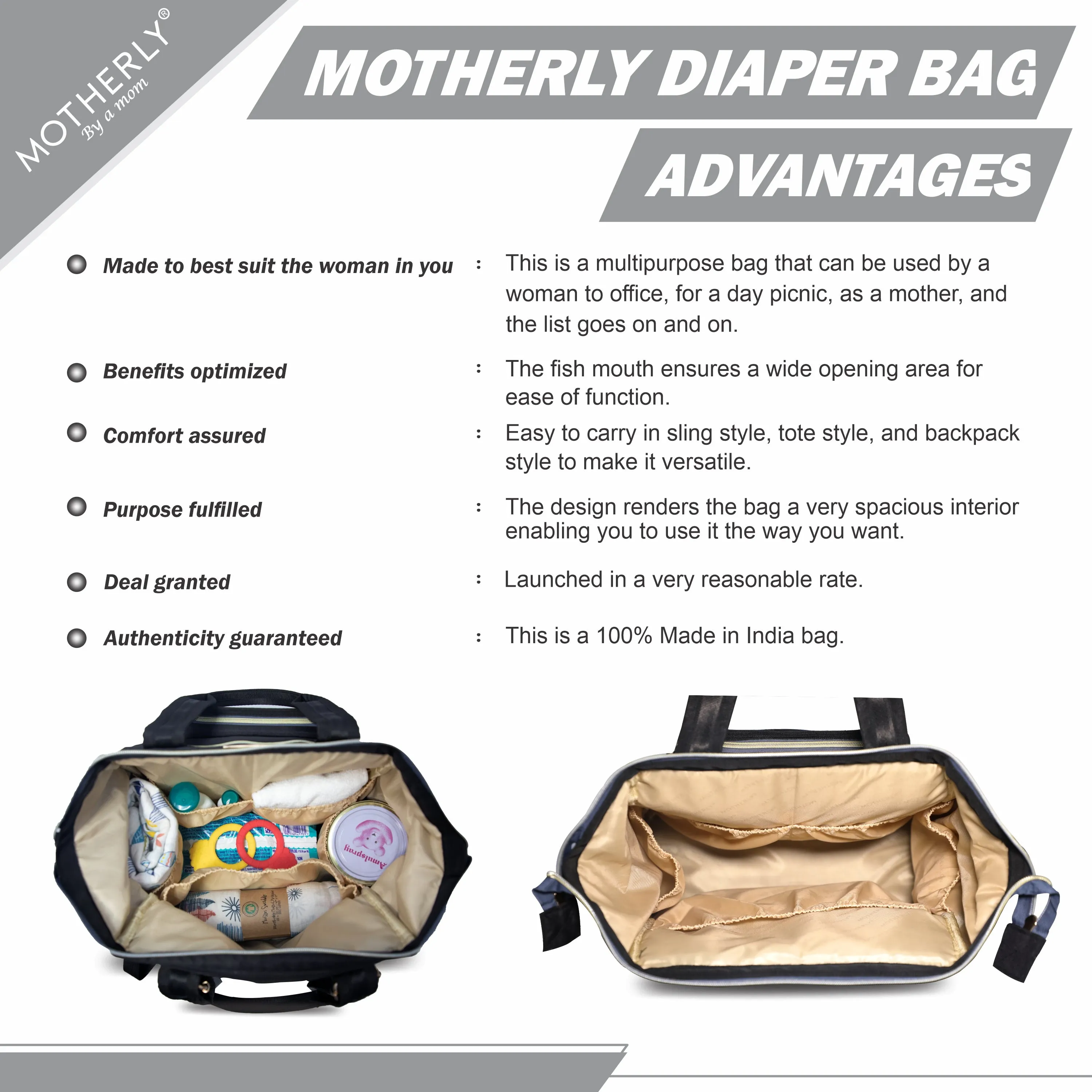 Motherly Evoke Diaper Bag for Mothers for Travel, Maternity Bag for Newborn Baby, Mother Travelling Bag, Multiple Pocket Water Resistant Hospital Bag for moms with Warranty & Offers