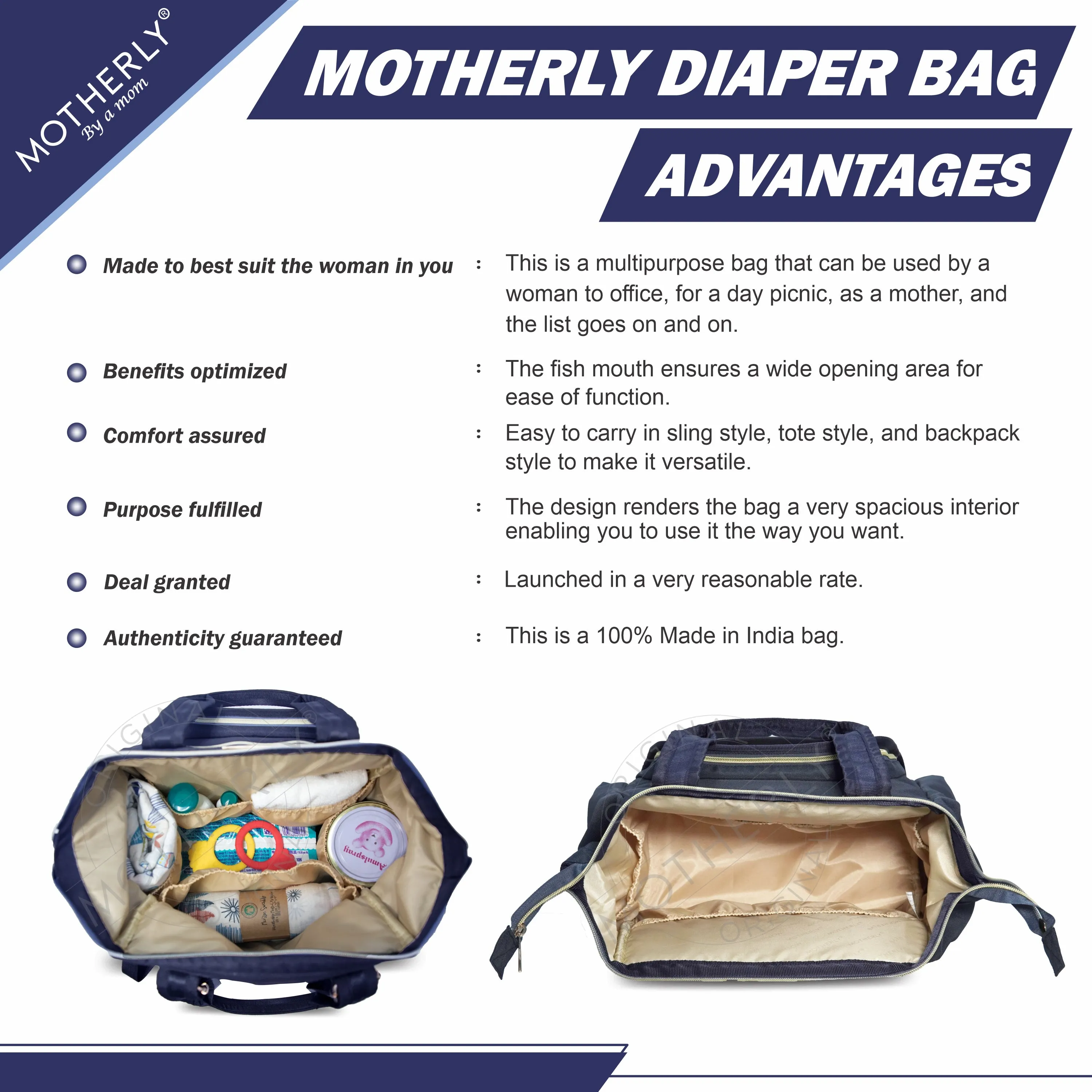 Motherly Evoke Diaper Bag for Mothers for Travel, Maternity Bag for Newborn Baby, Mother Travelling Bag, Multiple Pocket Water Resistant Hospital Bag for moms with Warranty & Offers