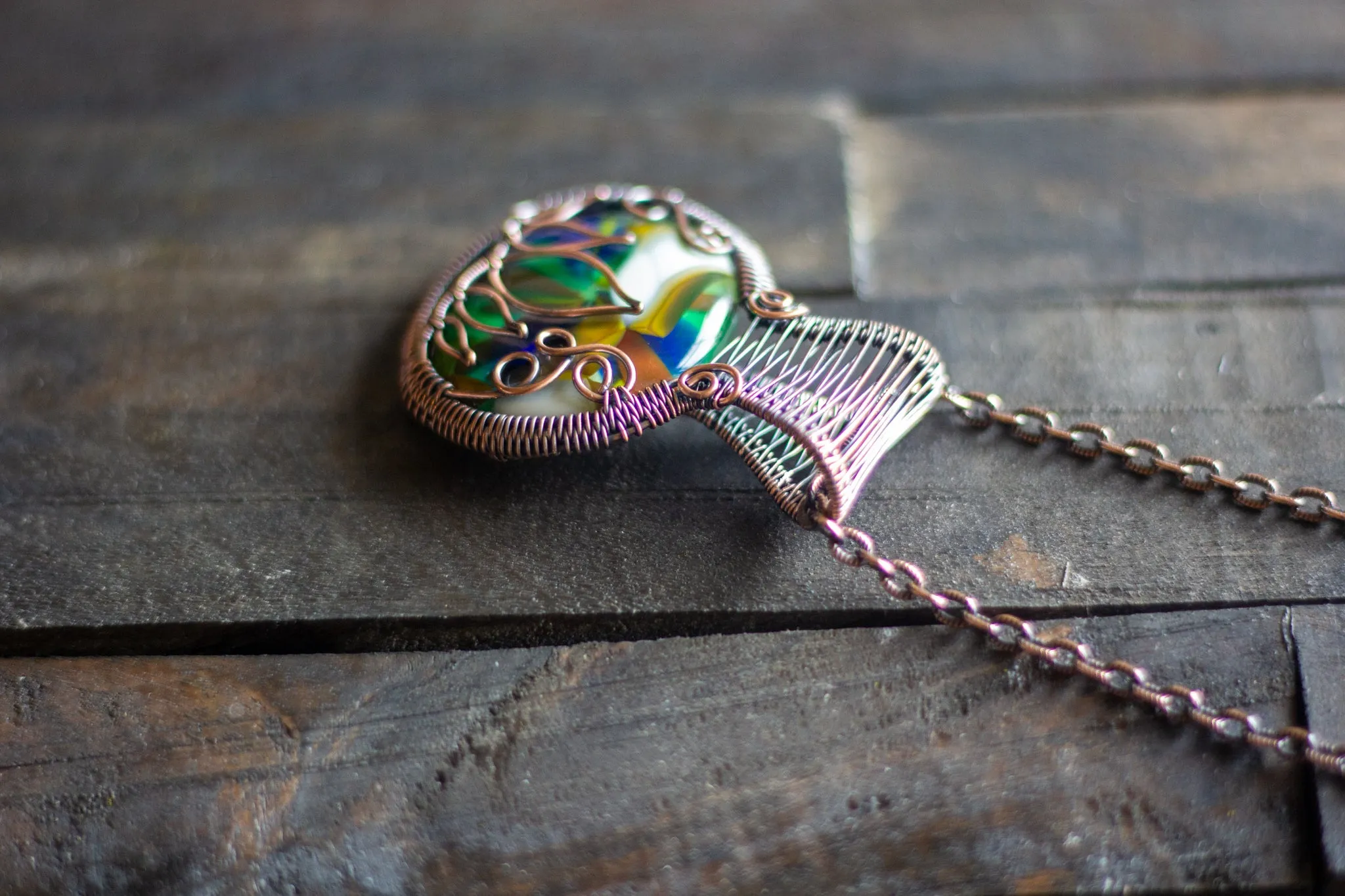 Multi-Color Flower in Bloom Pendant with Copper Wire Wrapping