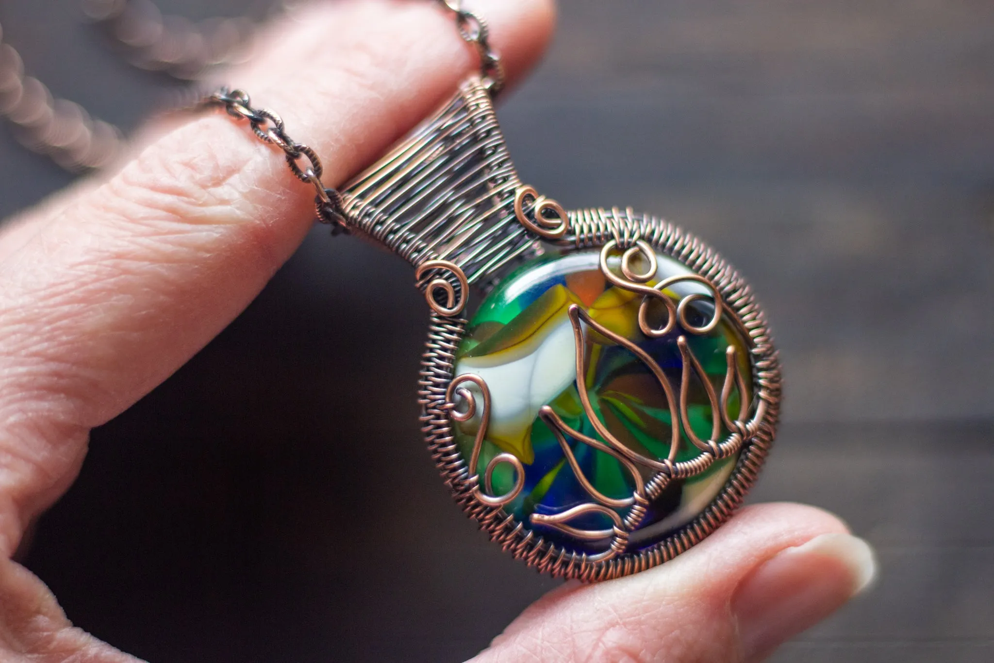 Multi-Color Flower in Bloom Pendant with Copper Wire Wrapping
