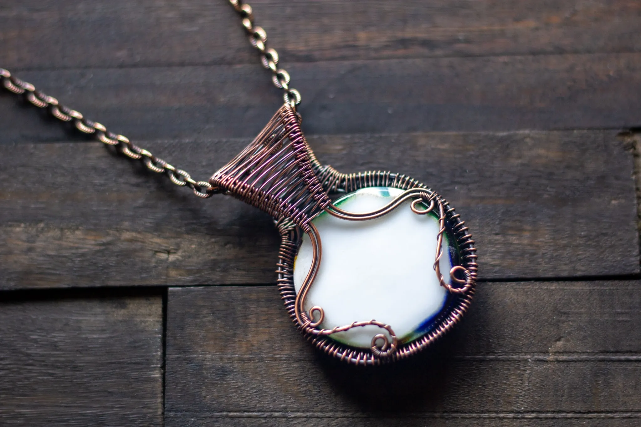 Multi-Color Flower in Bloom Pendant with Copper Wire Wrapping