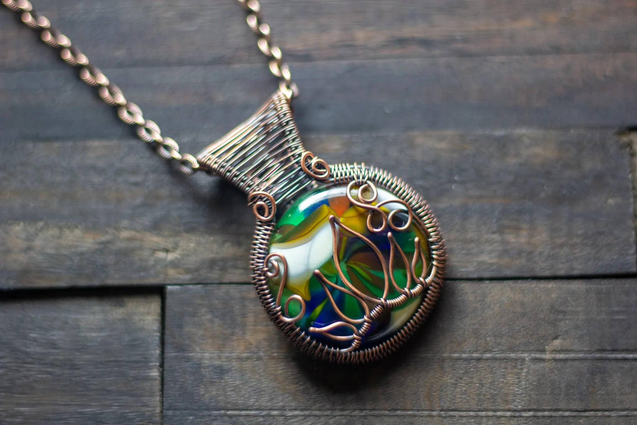 Multi-Color Flower in Bloom Pendant with Copper Wire Wrapping