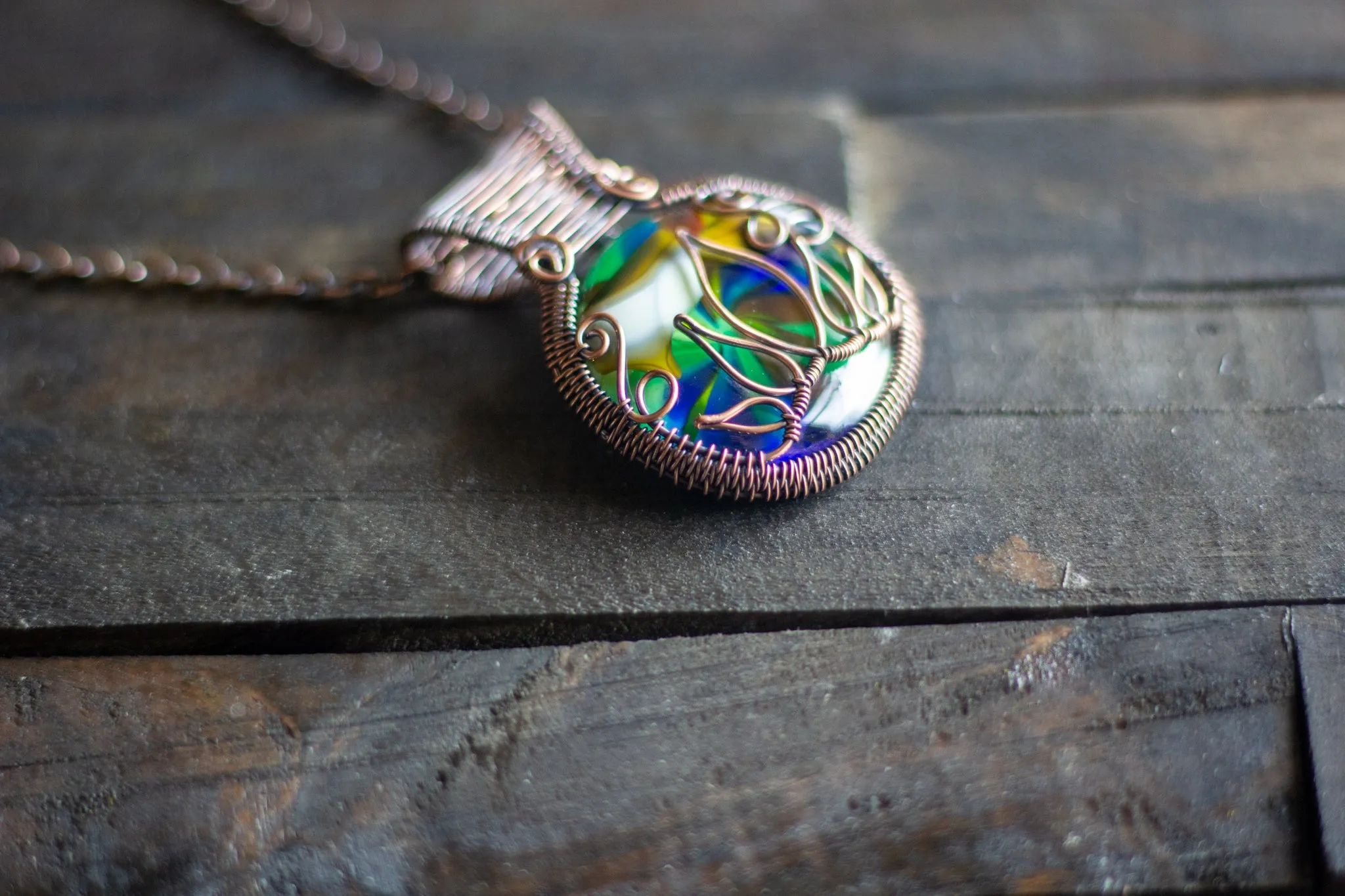 Multi-Color Flower in Bloom Pendant with Copper Wire Wrapping