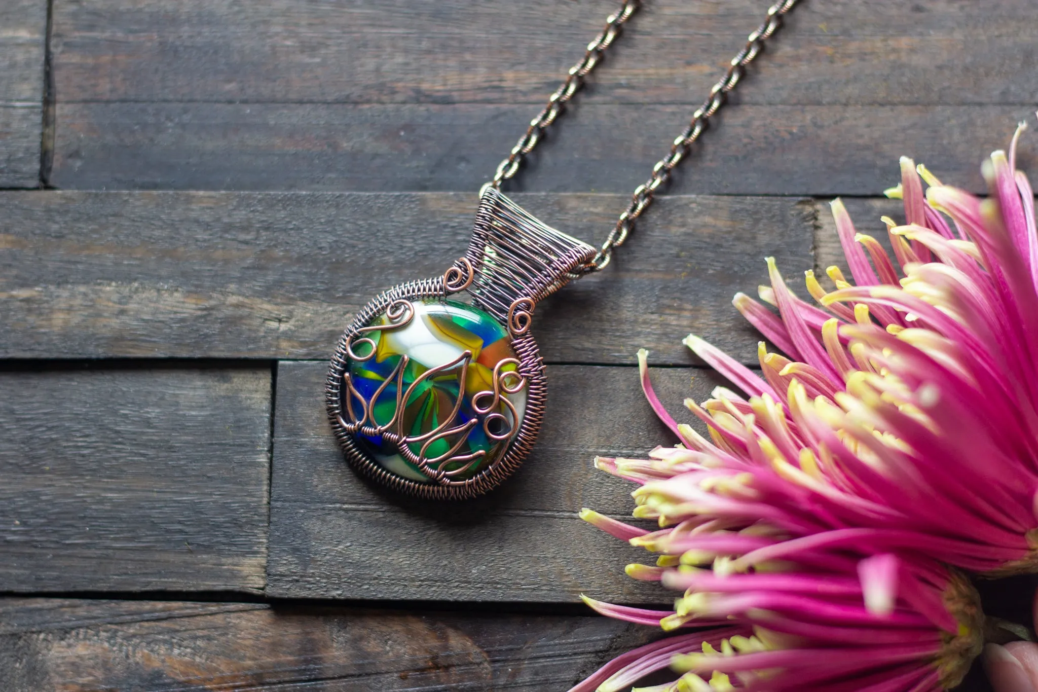 Multi-Color Flower in Bloom Pendant with Copper Wire Wrapping