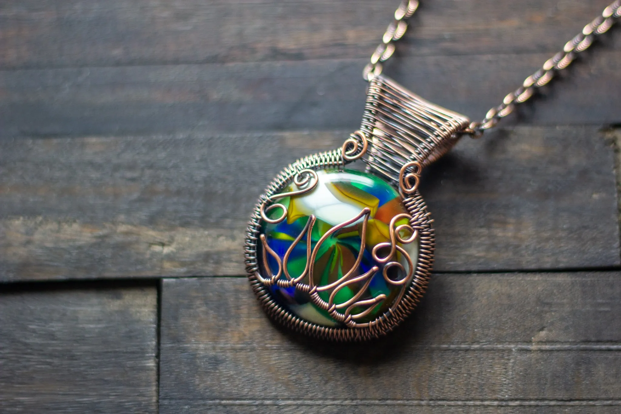 Multi-Color Flower in Bloom Pendant with Copper Wire Wrapping