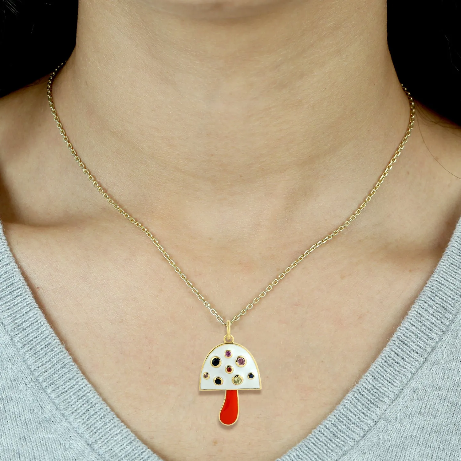 Multicolor Sapphire September Birthstone Enamel Mushroom Pendant In Yellow Gold For Gift
