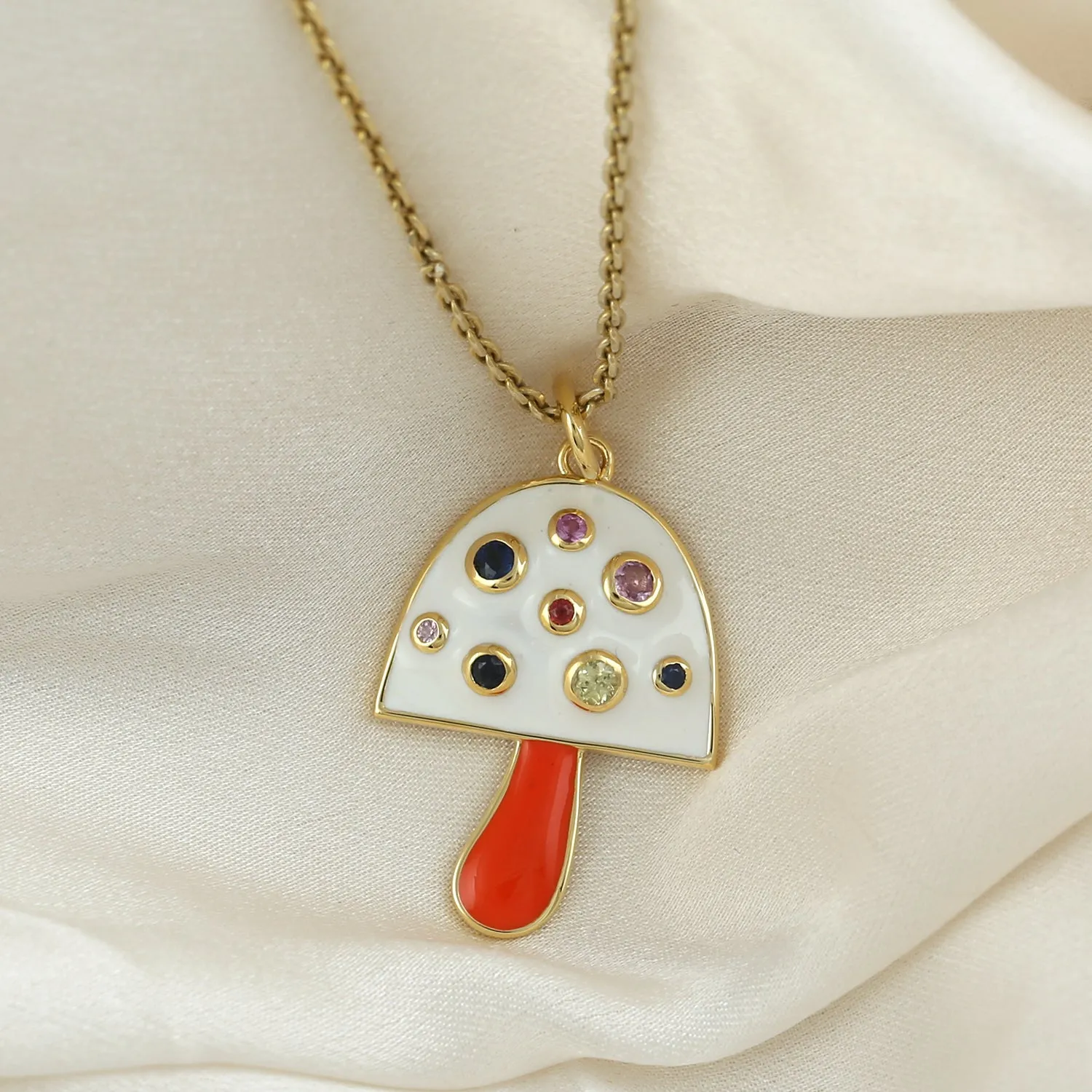 Multicolor Sapphire September Birthstone Enamel Mushroom Pendant In Yellow Gold For Gift