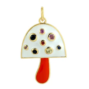 Multicolor Sapphire September Birthstone Enamel Mushroom Pendant In Yellow Gold For Gift