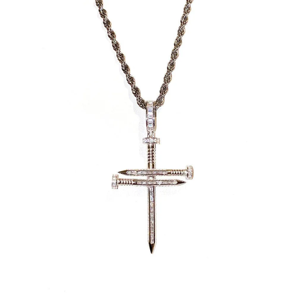 Nail Shape Cross Hip Hop Jewelry 14k Gold Plating 925 Sterling Silver Pave Zircon Cross Pendant whit Rope Chain