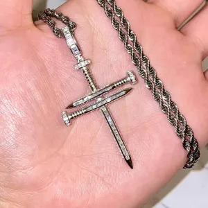 Nail Shape Cross Hip Hop Jewelry 14k Gold Plating 925 Sterling Silver Pave Zircon Cross Pendant whit Rope Chain