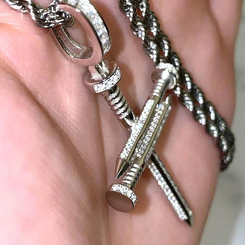 Nail Shape Cross Hip Hop Jewelry 14k Gold Plating 925 Sterling Silver Pave Zircon Cross Pendant whit Rope Chain