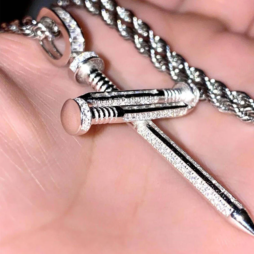 Nail Shape Cross Hip Hop Jewelry 14k Gold Plating 925 Sterling Silver Pave Zircon Cross Pendant whit Rope Chain